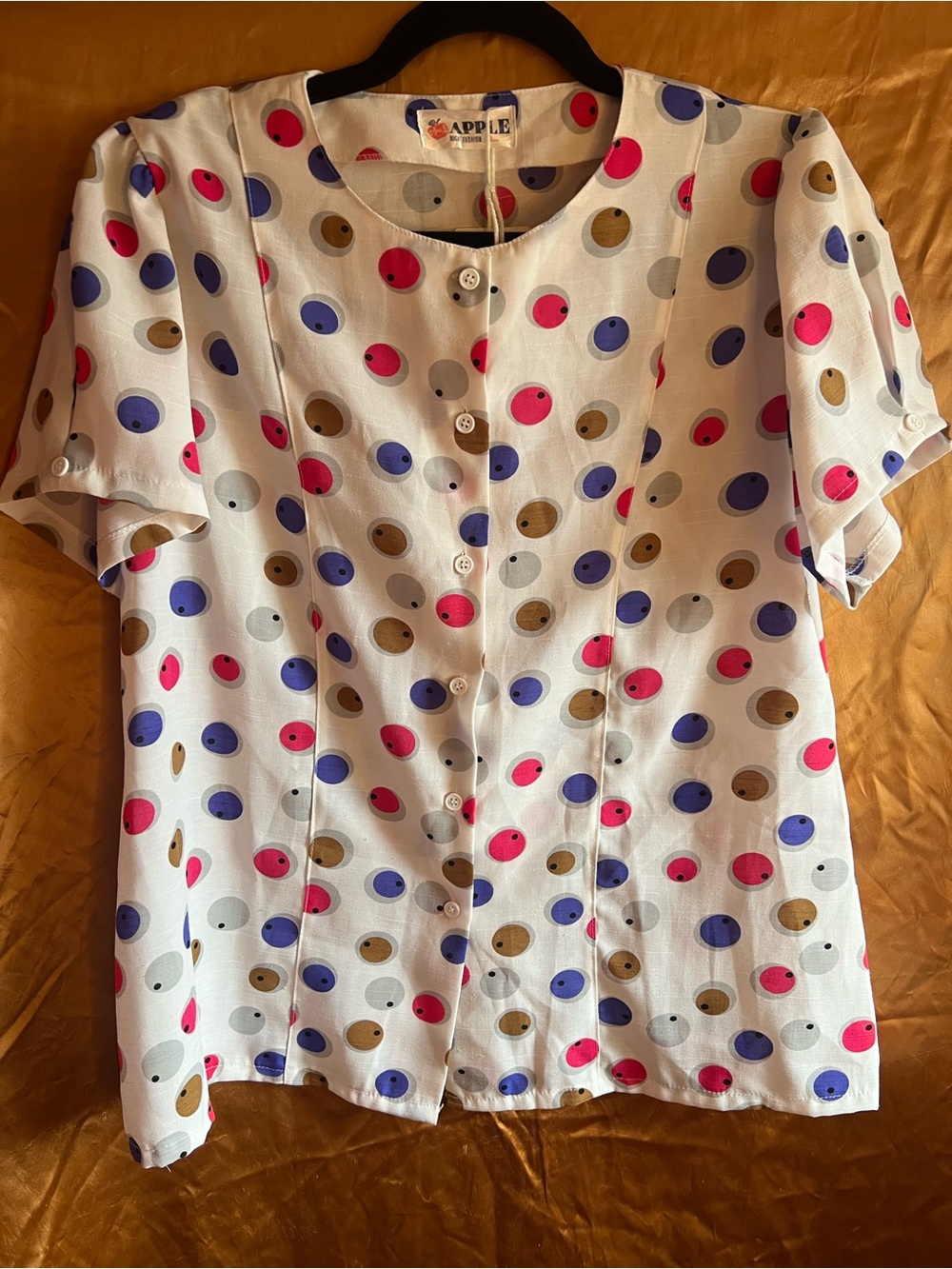 Apple Vintage White Button-Front Blouse with Pink, Blue and Taupe Polka Dots